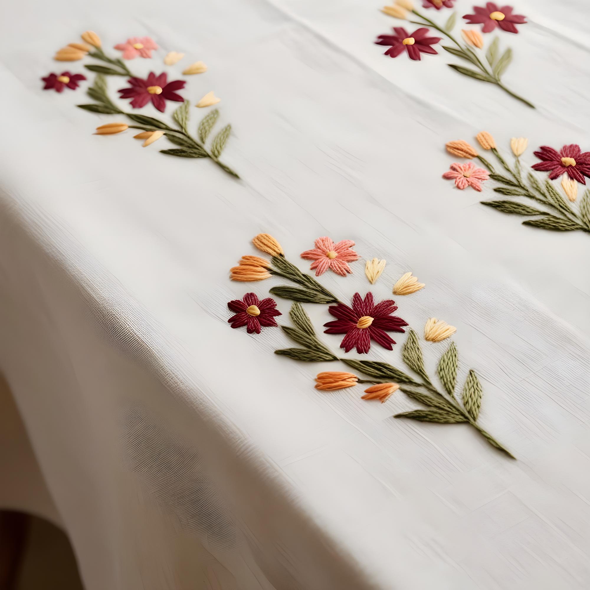 Embroidered linen table runner with muted florals