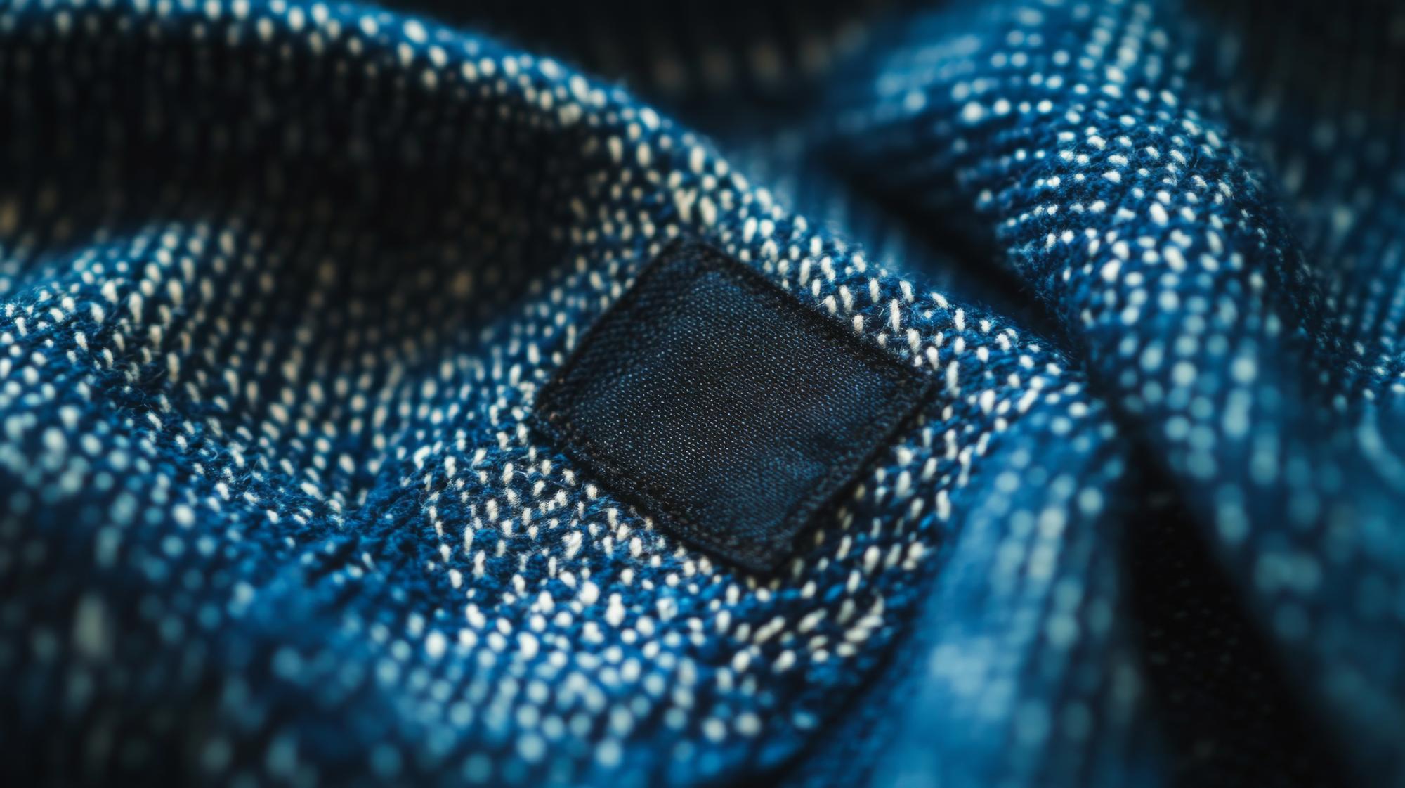 Close-up of metallic thread monogram on denim jacket